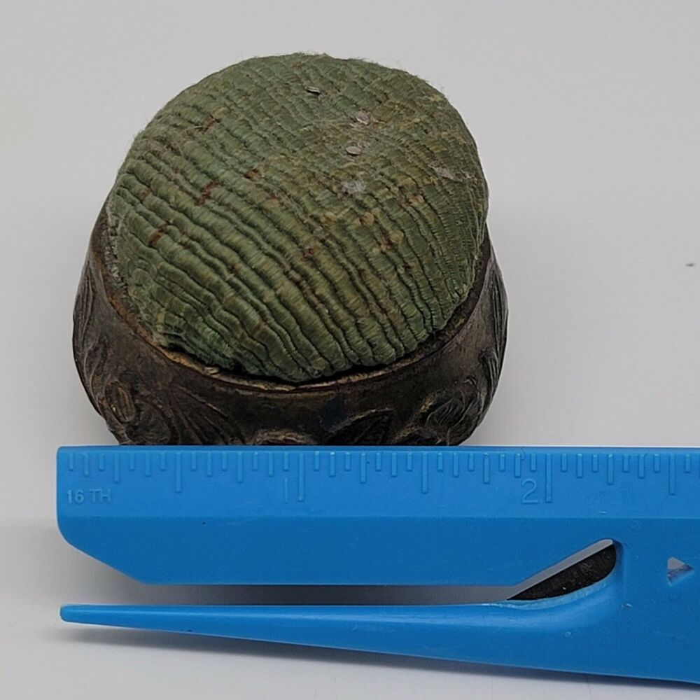 Vintage Ornate Pin Cushion - Gold & Green, 1 leg bent